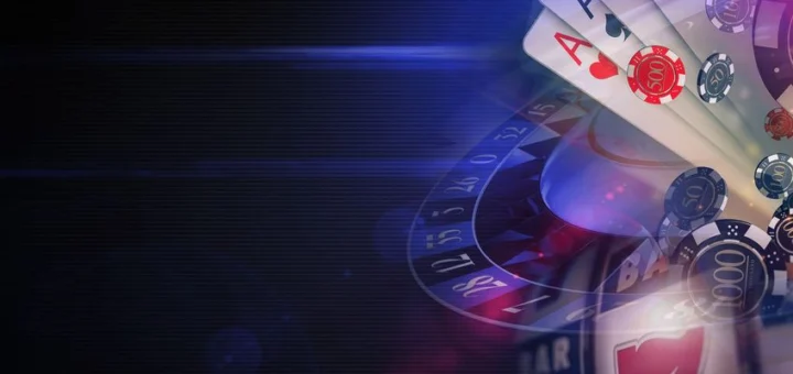 jeux de casino avec cartes, jetons et roulette sur fond bleu et rose