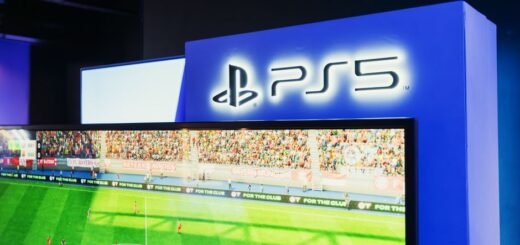 PS5 gaming station featuring a live soccer match onscreen, showcasing high-quality graphics.