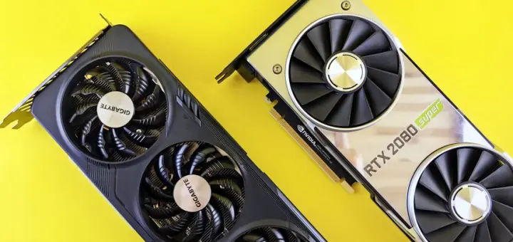 Two modern graphics cards on a bright yellow background, highlighting technology and design.