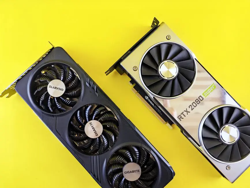 Two modern graphics cards on a bright yellow background, highlighting technology and design.