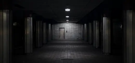 Dark, empty underground tunnel with dim lights and a door.