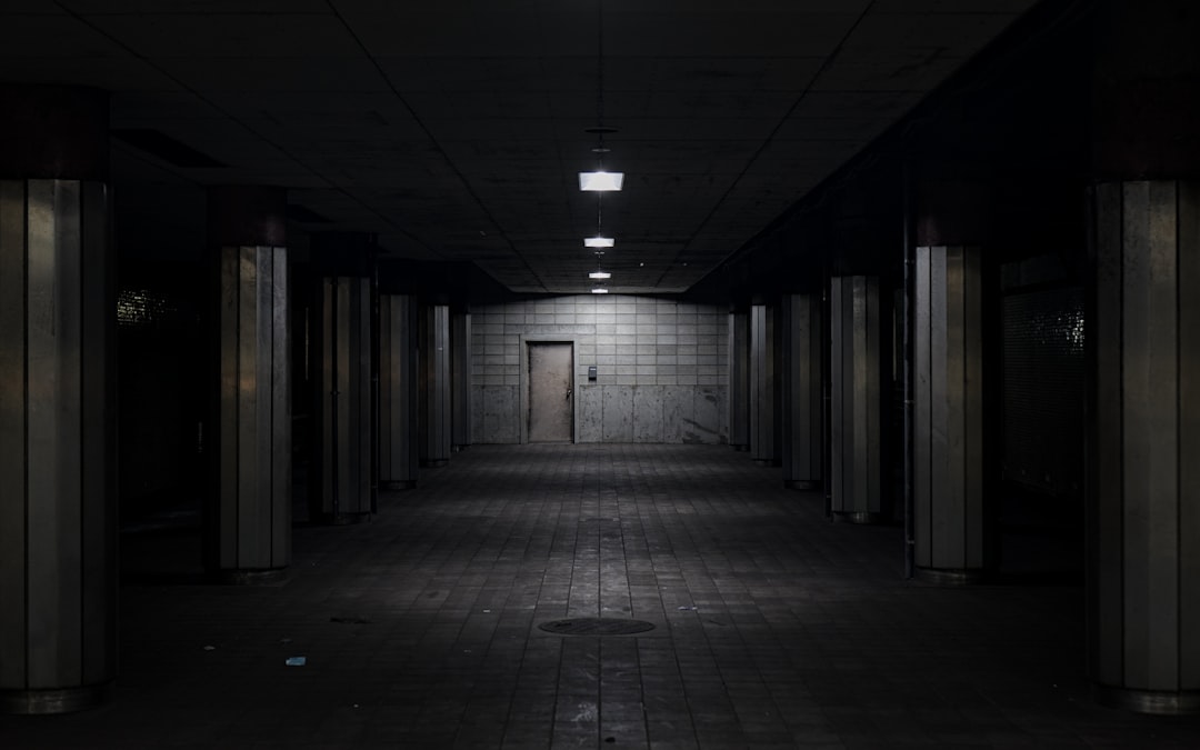 Dark, empty underground tunnel with dim lights and a door.