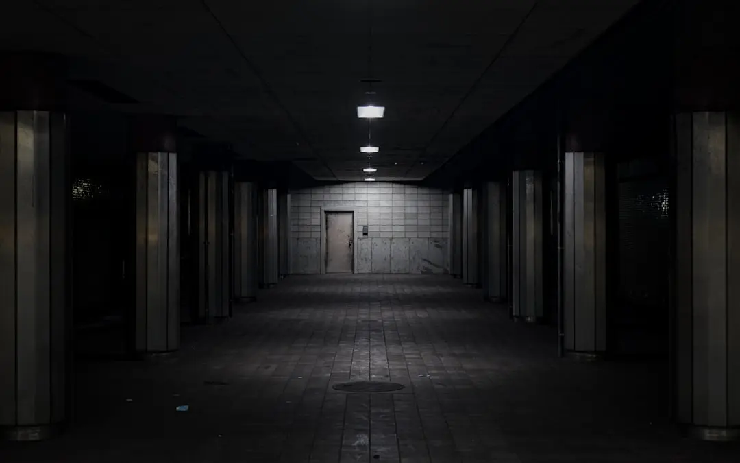 Dark, empty underground tunnel with dim lights and a door.